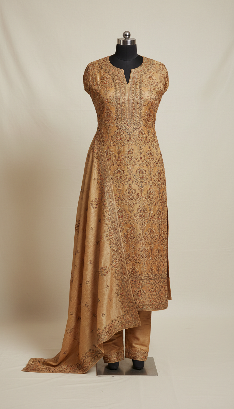 Antique gold embroidered kurta ensemble