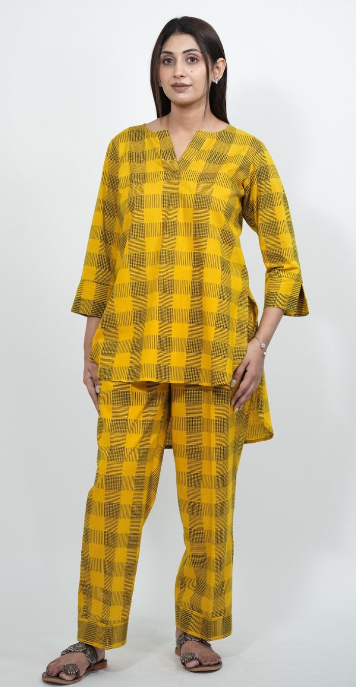 Mustard Yellow Checked Cotton Co-ord Set – Casual Daily Wear