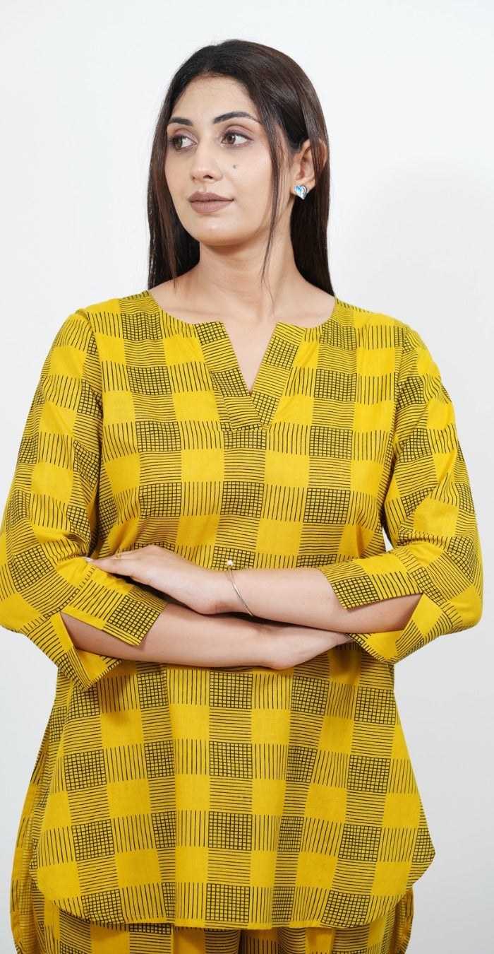 Mustard Yellow Checked Cotton Co-ord Set – Casual Daily Wear