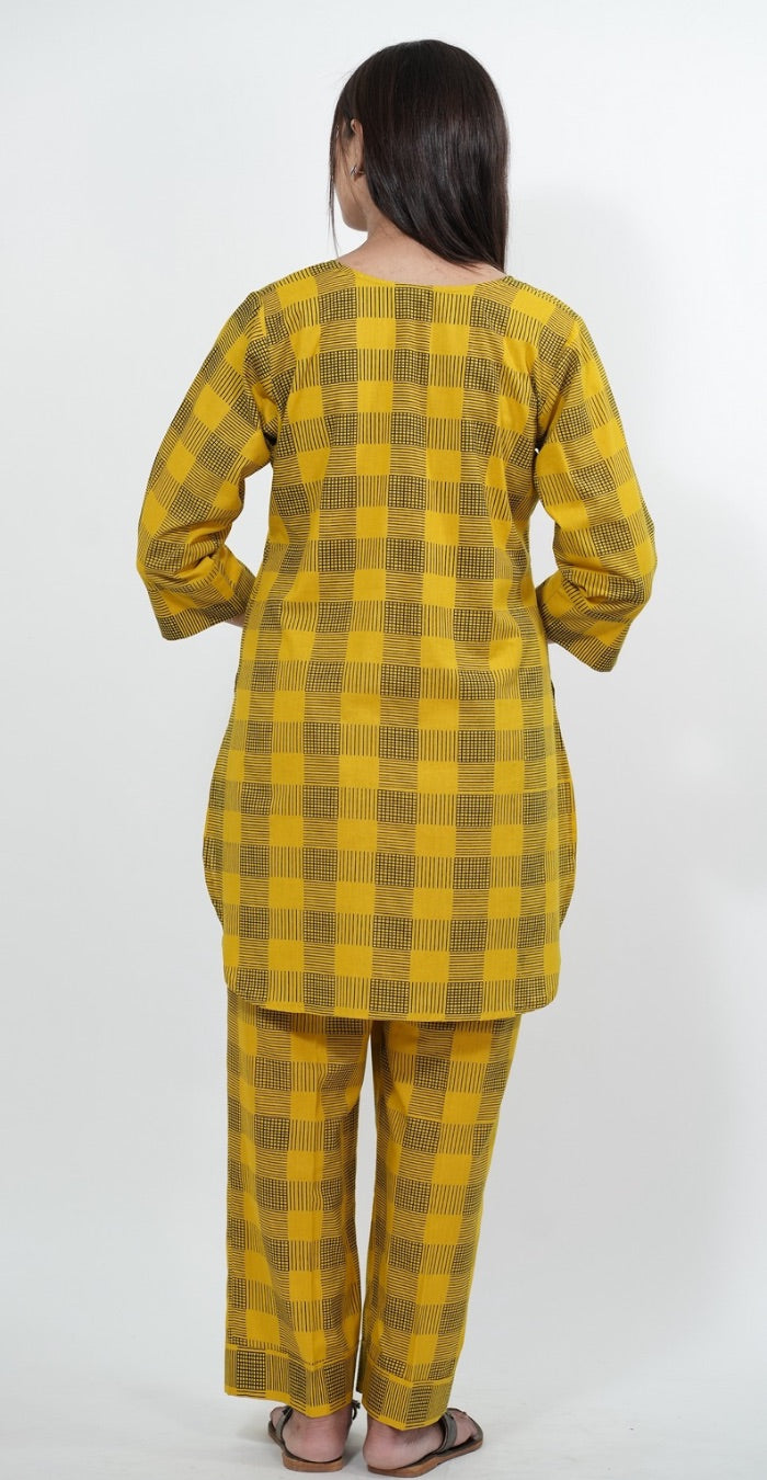 Mustard Yellow Checked Cotton Co-ord Set – Casual Daily Wear