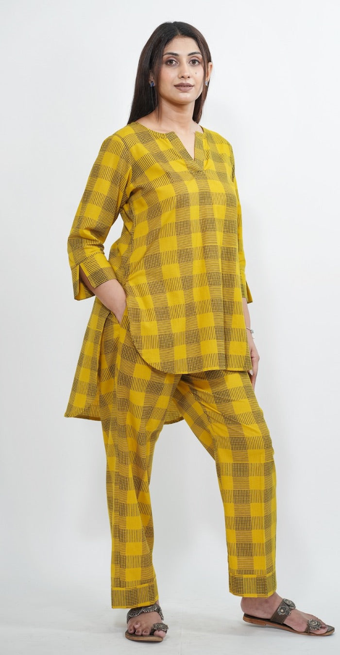 Mustard Yellow Checked Cotton Co-ord Set – Casual Daily Wear