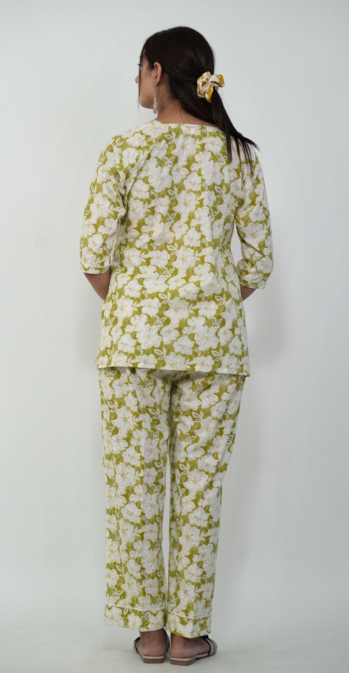 Green & White Floral Cotton Co-ord Set – Fresh Casual Wear