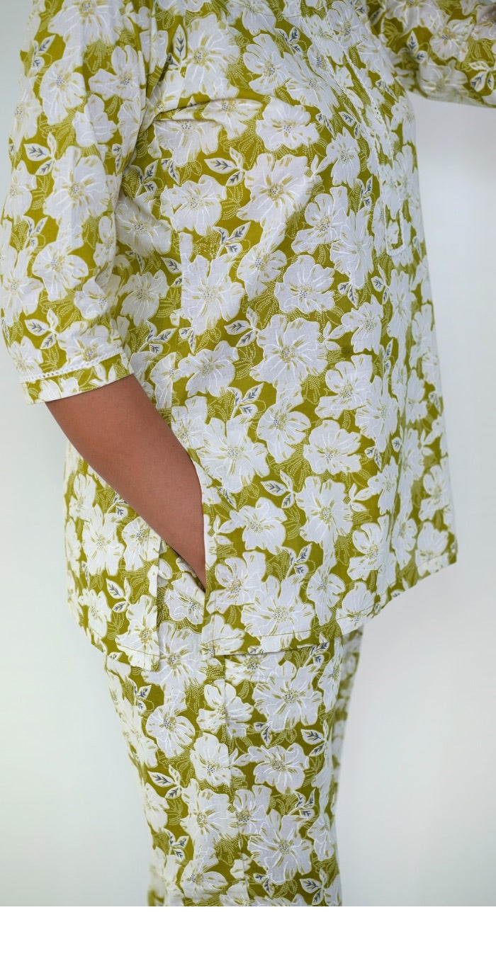 Green & White Floral Cotton Co-ord Set – Fresh Casual Wear