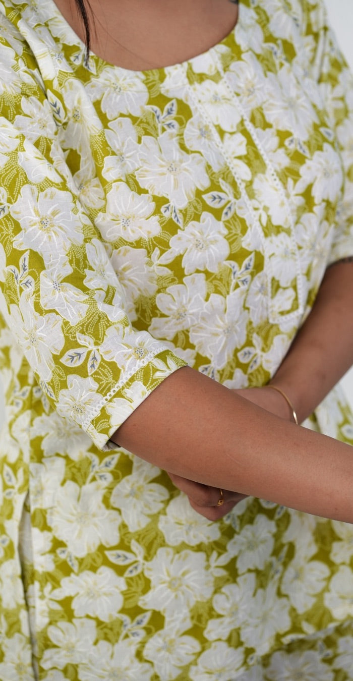 Green & White Floral Cotton Co-ord Set – Fresh Casual Wear