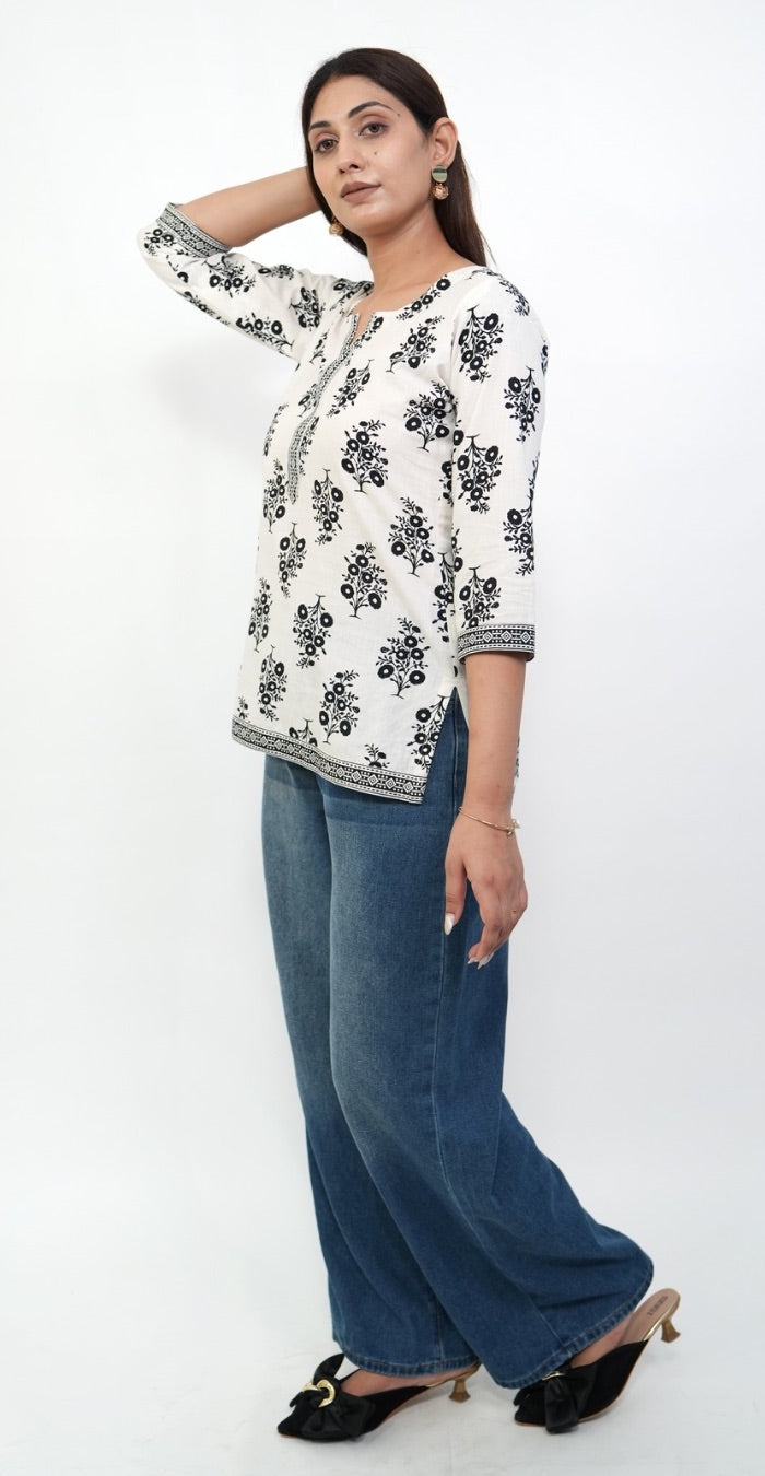 White Kurti with Black Print – Stylish Casual & Office Wear