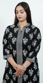 Black & White Printed Kurti Set – Stylish Cotton Daily Wear (Top & Bottom)