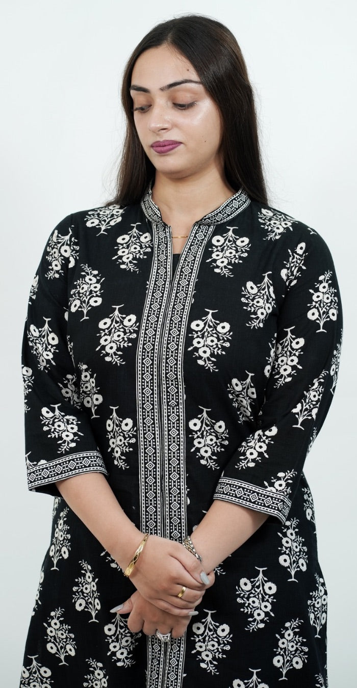 Black & White Printed Kurti Set – Stylish Cotton Daily Wear (Top & Bottom)