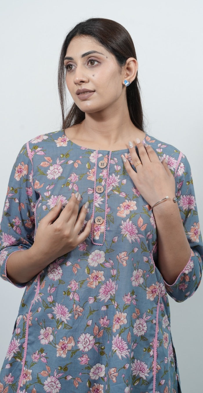 Floral Print Co-ord Set in Grey & Pink – Comfortable Casual Outfit