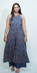 Blue Colour Traditional Print Sleeveless Kurti Set (Top & Bottom)