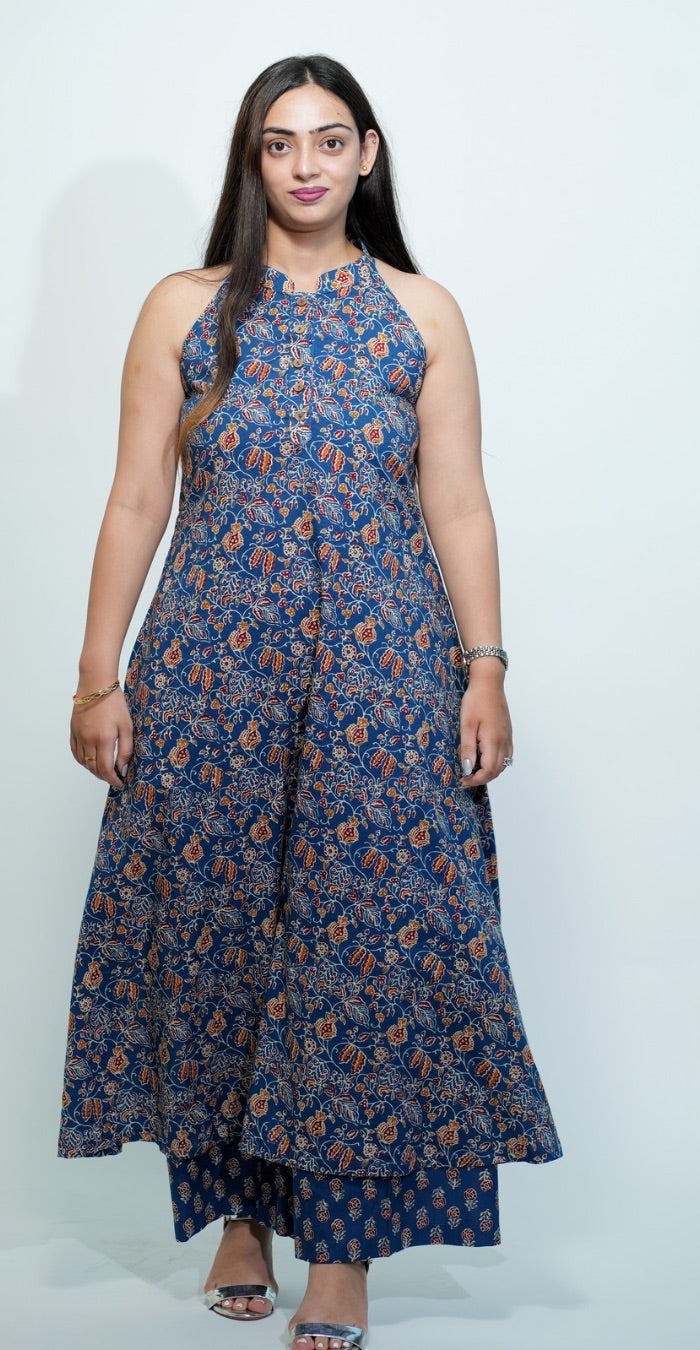 Blue Colour Traditional Print Sleeveless Kurti Set (Top & Bottom)