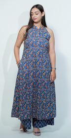 Blue Colour Traditional Print Sleeveless Kurti Set (Top & Bottom)