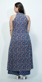 Blue Colour Traditional Print Sleeveless Kurti Set (Top & Bottom)