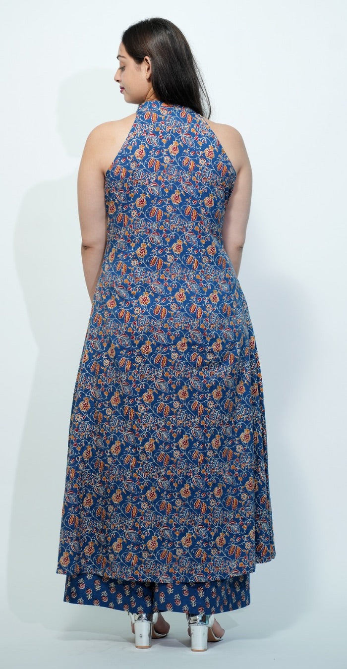 Blue Colour Traditional Print Sleeveless Kurti Set (Top & Bottom)