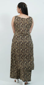 Brown Colour Traditional Print Sleeveless Kurti Set (Top & Bottom)