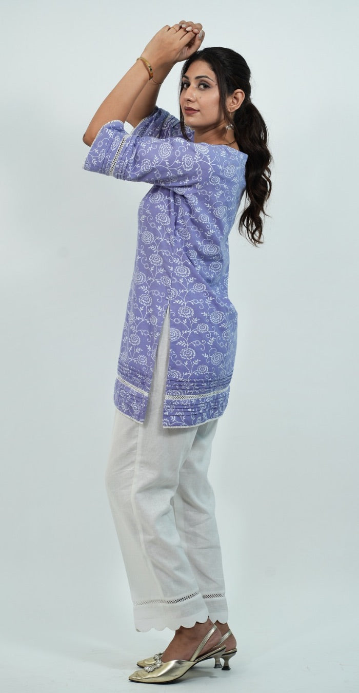 Purple Colour Kurti with White Bottom Trendy Kurti Set (Top & Bottom)