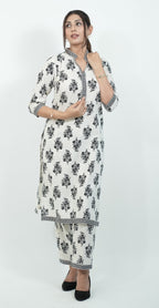 White Colour with Black Print Kurti Set (Top & Bottom)