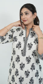 White Colour with Black Print Kurti Set (Top & Bottom)