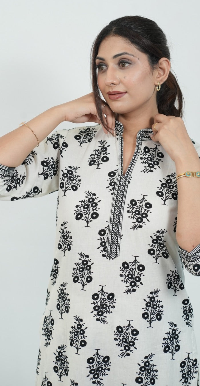 White Colour with Black Print Kurti Set (Top & Bottom)