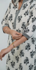 White Colour with Black Print Kurti Set (Top & Bottom)