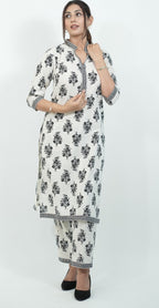 White Colour with Black Print Kurti Set (Top & Bottom)