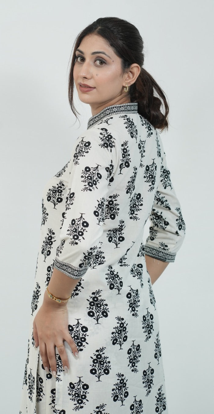 White Colour with Black Print Kurti Set (Top & Bottom)