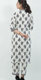 White Colour with Black Print Kurti Set (Top & Bottom)