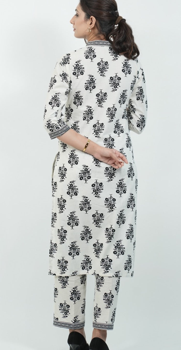 White Colour with Black Print Kurti Set (Top & Bottom)
