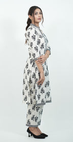 White Colour with Black Print Kurti Set (Top & Bottom)