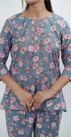 Floral Print Co-ord Set in Grey & Pink – Comfortable Casual Outfit