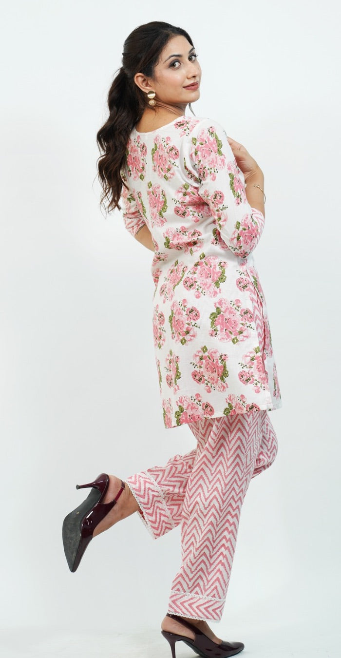 Floral Print Co-ord Set in Pink & White – Comfortable Casual Outfit