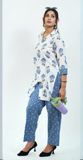White & Blue Printed Cotton Co-ord Set – Stylish Daily Wear