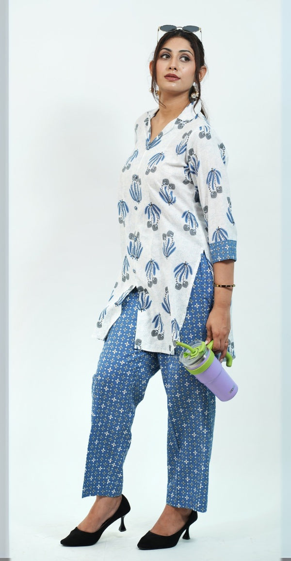 White & Blue Printed Cotton Co-ord Set – Stylish Daily Wear