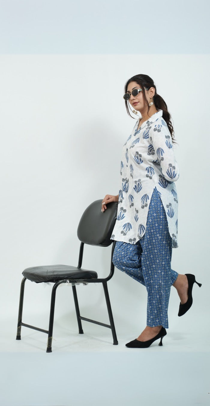 White & Blue Printed Cotton Co-ord Set – Stylish Daily Wear