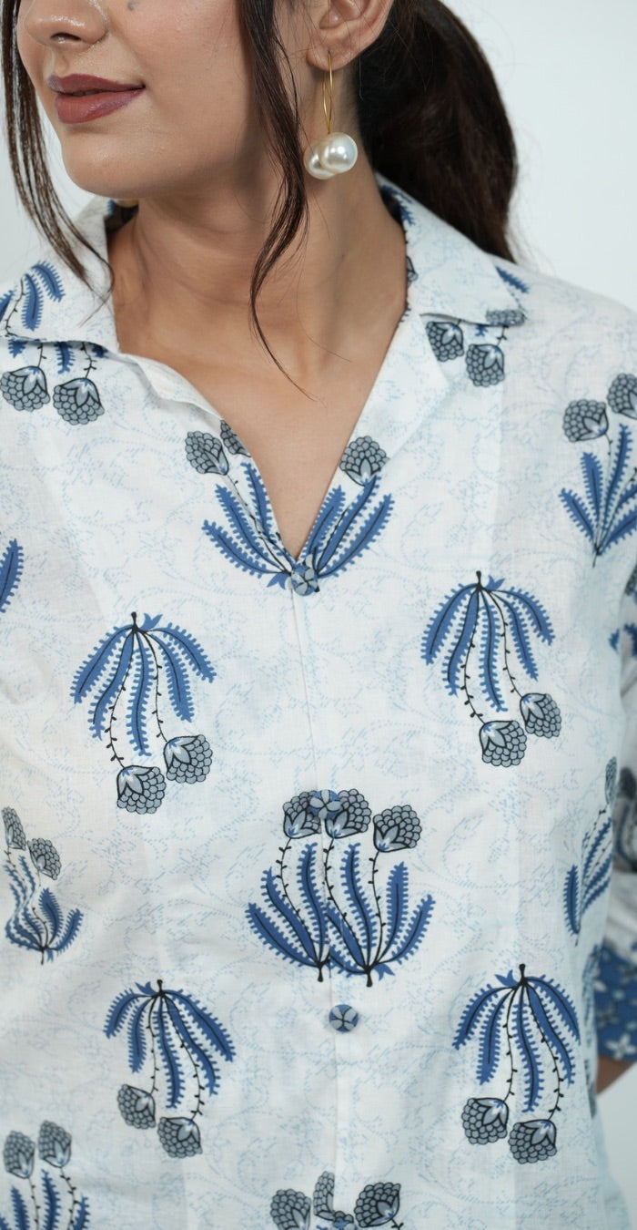 White & Blue Printed Cotton Co-ord Set – Stylish Daily Wear