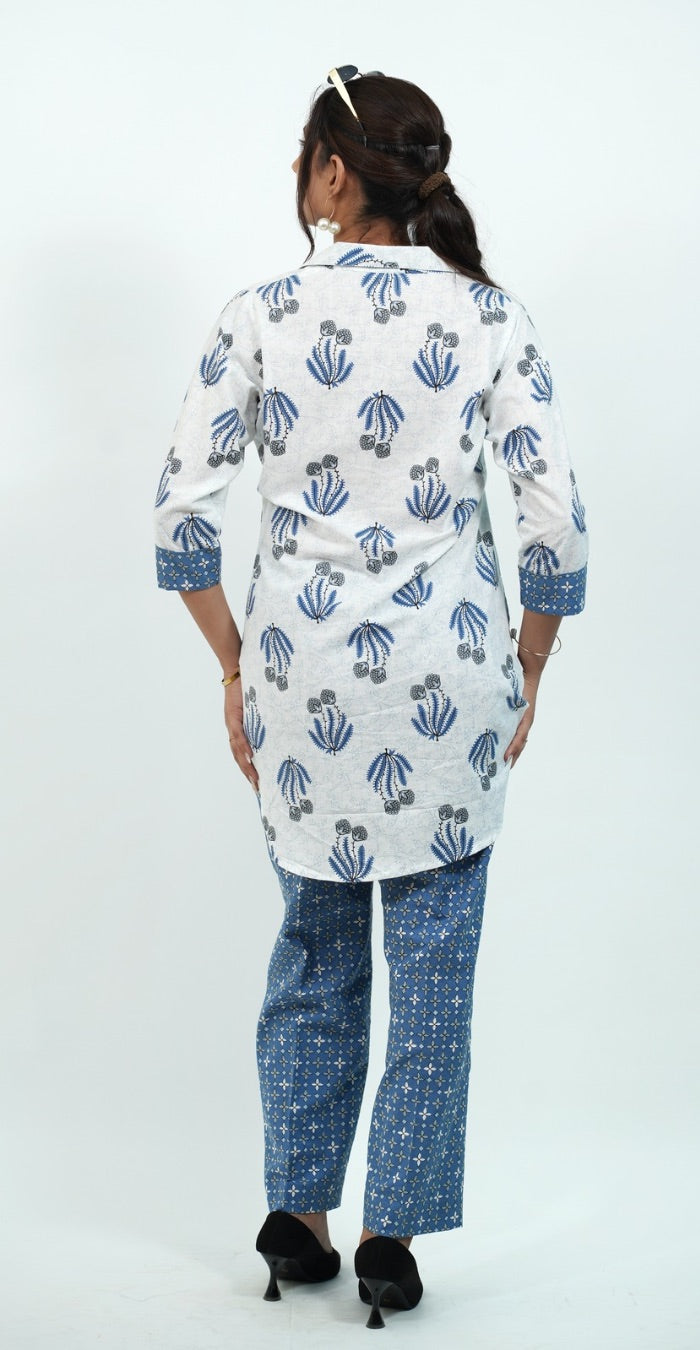 White & Blue Printed Cotton Co-ord Set – Stylish Daily Wear