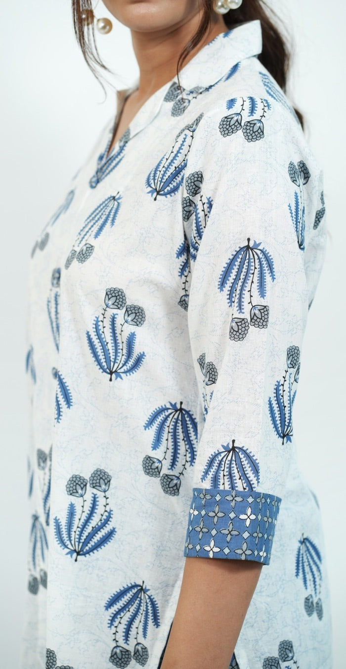 White & Blue Printed Cotton Co-ord Set – Stylish Daily Wear