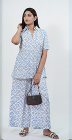 Traditional Print White & Blue Co-ord Set – Comfortable Casual Outfit