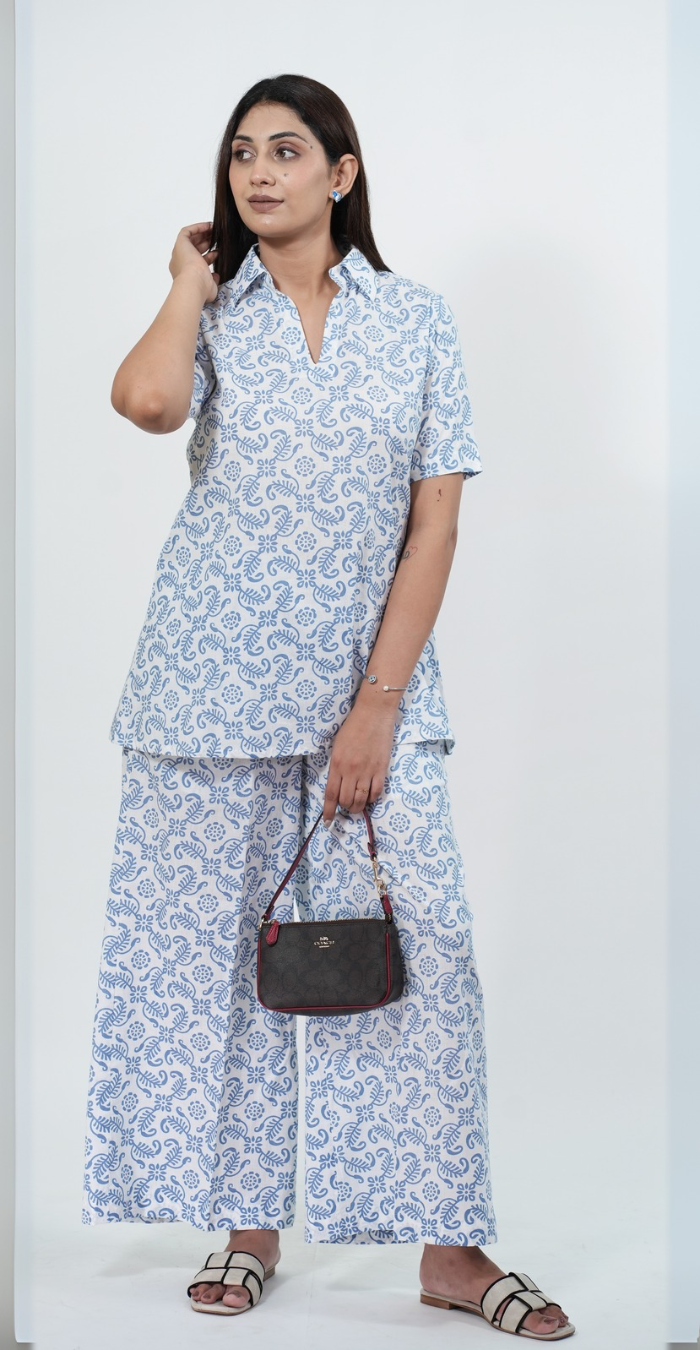 Traditional Print White & Blue Co-ord Set – Comfortable Casual Outfit
