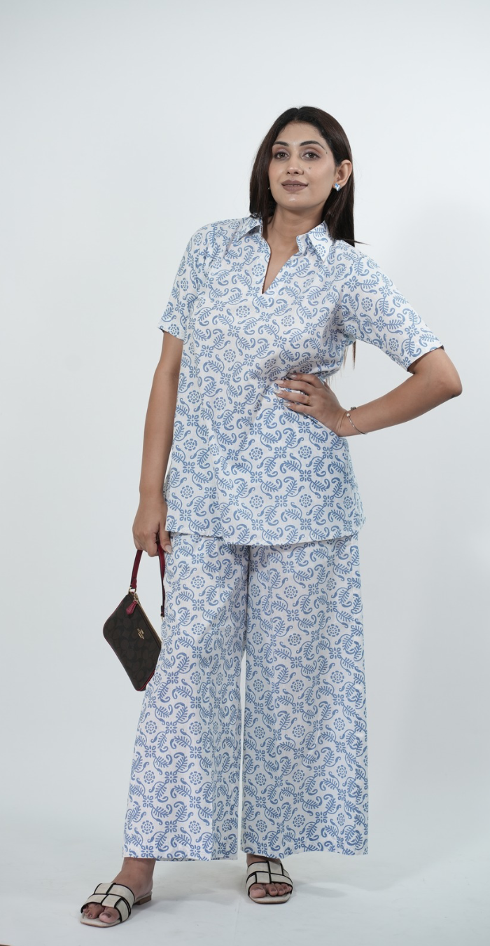 Traditional Print White & Blue Co-ord Set – Comfortable Casual Outfit