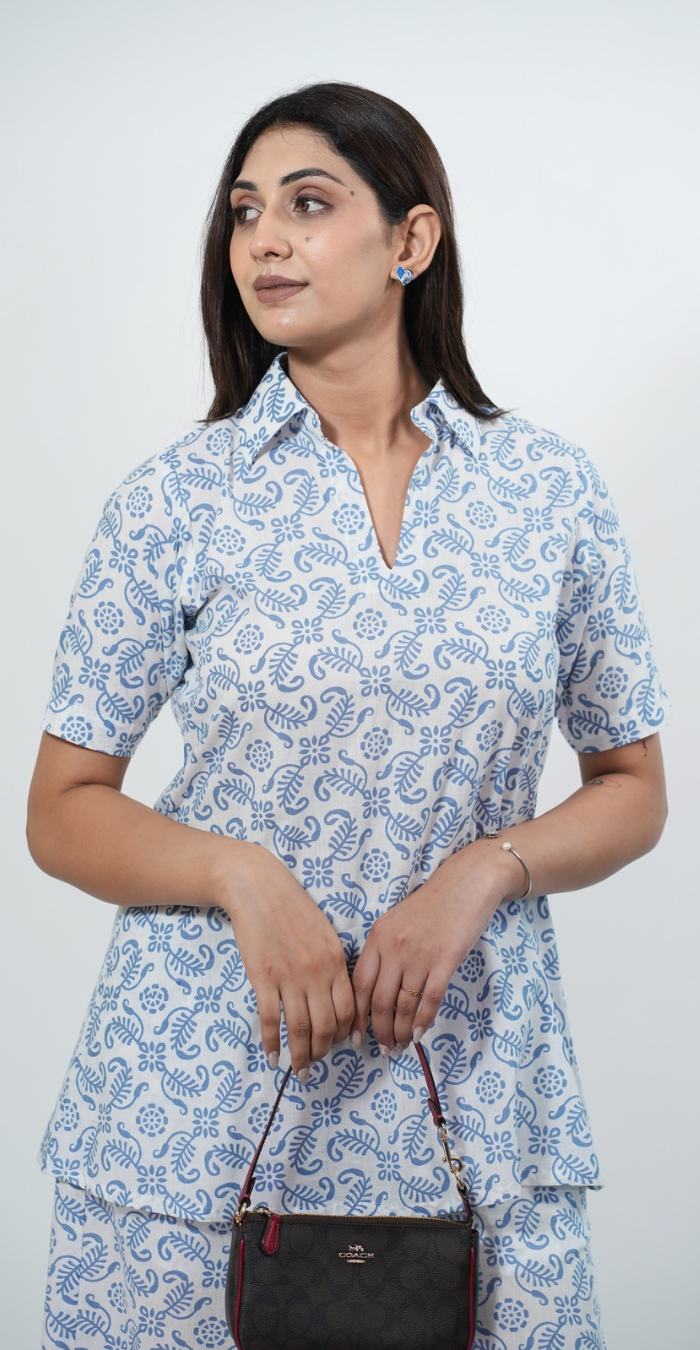 Traditional Print White & Blue Co-ord Set – Comfortable Casual Outfit