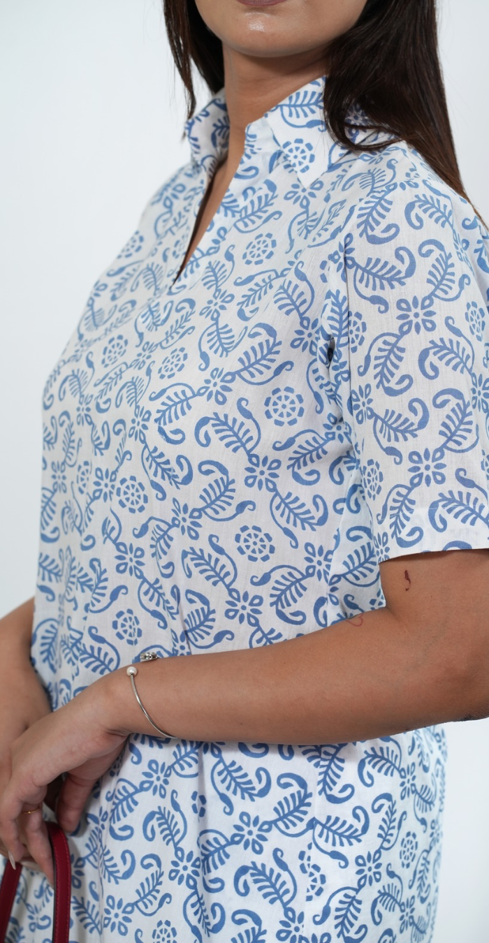 Traditional Print White & Blue Co-ord Set – Comfortable Casual Outfit