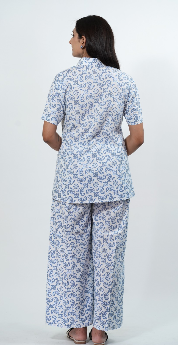Traditional Print White & Blue Co-ord Set – Comfortable Casual Outfit