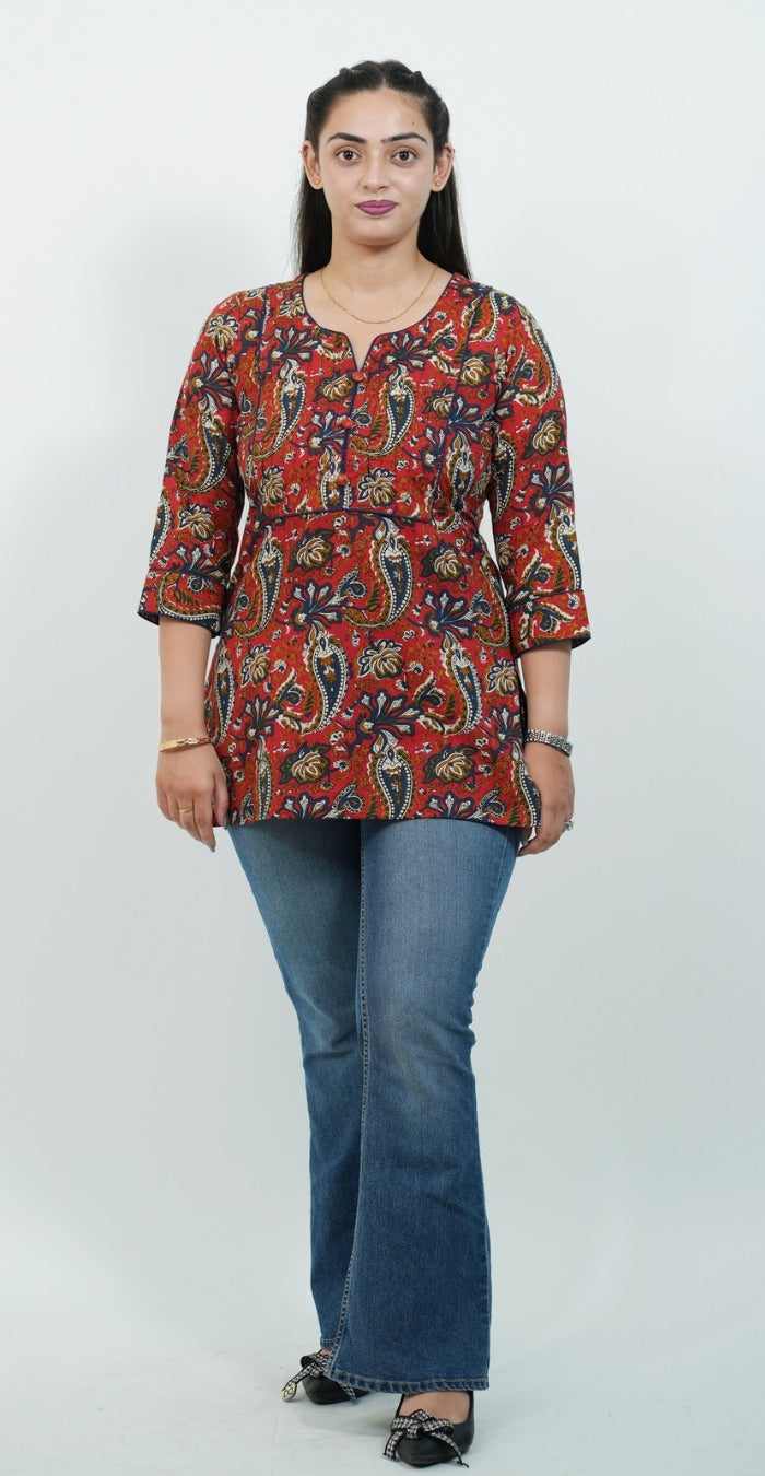 Red Traditional Print Kurti – Stylish Ethnic Casual Wear