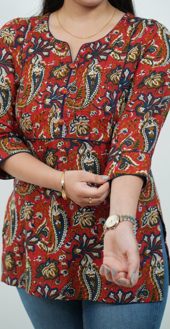 Red Traditional Print Kurti – Stylish Ethnic Casual Wear