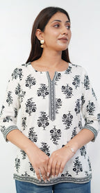White Kurti with Black Print – Stylish Casual & Office Wear