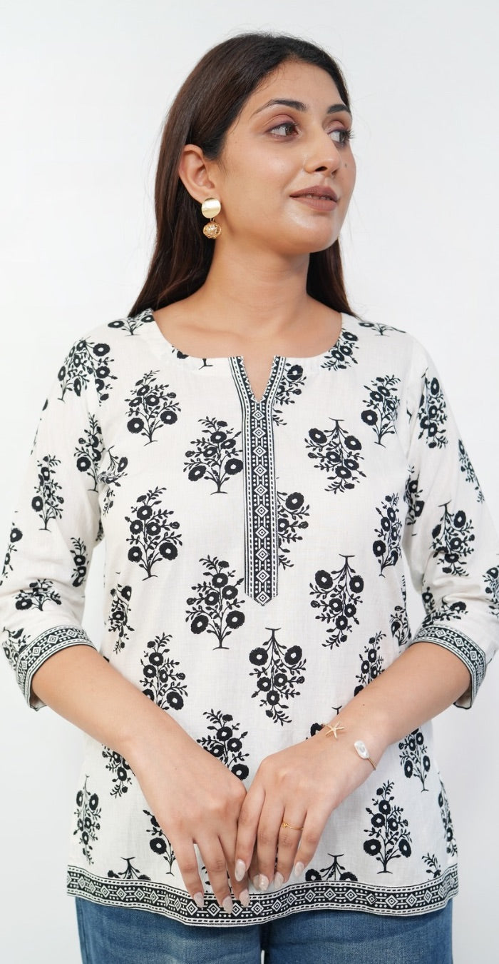White Kurti with Black Print – Stylish Casual & Office Wear
