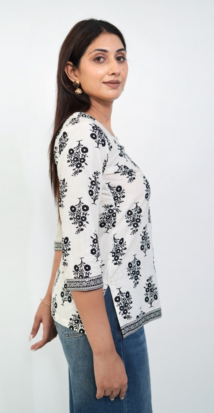 White Kurti with Black Print – Stylish Casual & Office Wear