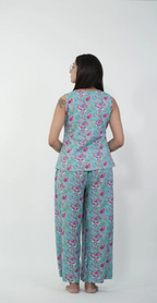 Green with Magenta Floral Print Night Suit (Top & Bottom)