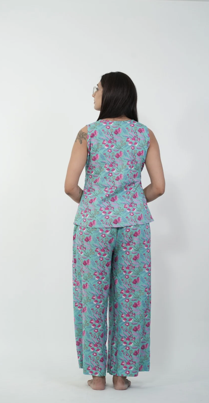 Green with Magenta Floral Print Night Suit (Top & Bottom)