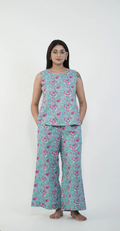Green with Magenta Floral Print Night Suit (Top & Bottom)